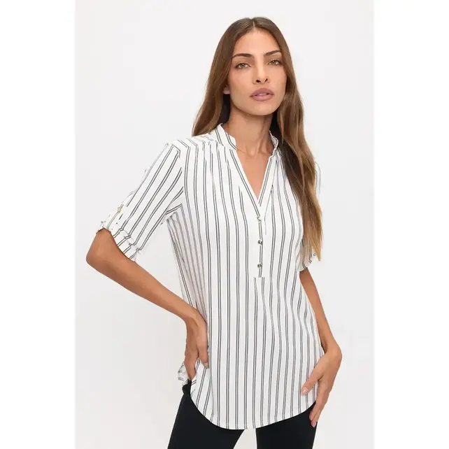 Striped Ity Roll Tab Shirt - Ivory Navy Taupe
