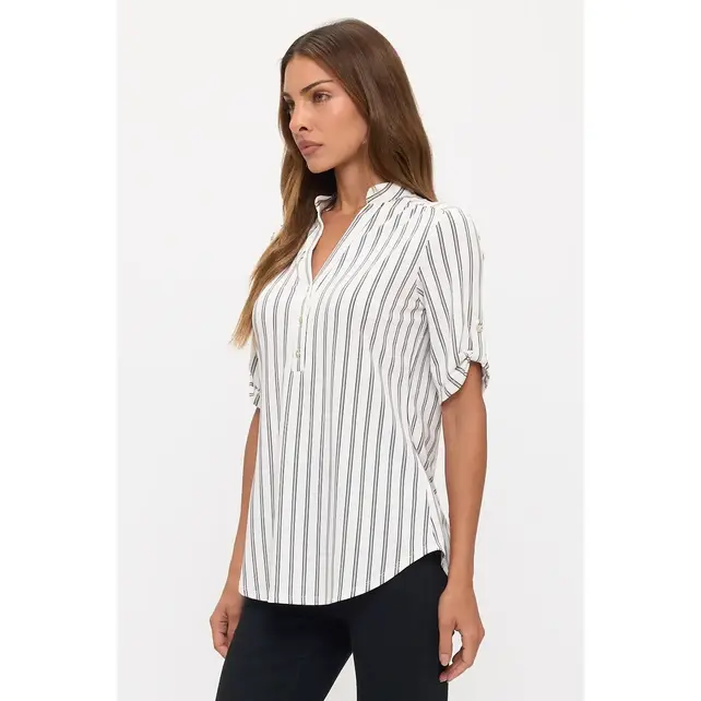 Striped Ity Roll Tab Shirt - Ivory Navy Taupe