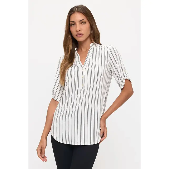 Striped Ity Roll Tab Shirt - Ivory Navy Taupe