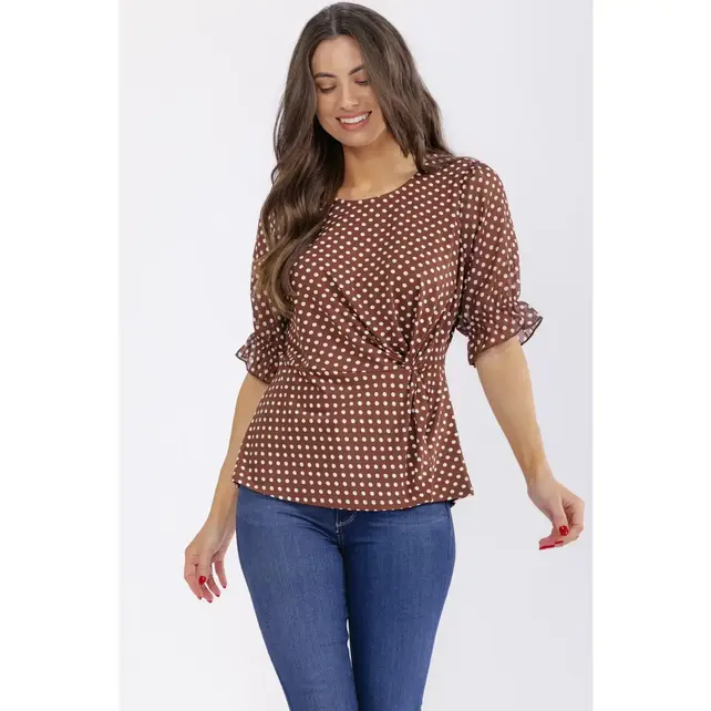 Polka Dot Puff Sleeve Top - Brown Ivory
