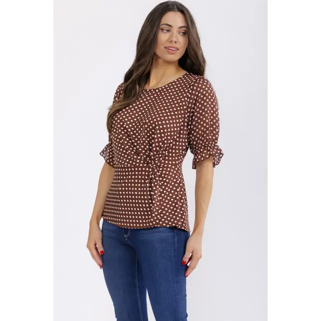 Polka Dot Puff Sleeve Top - Brown Ivory