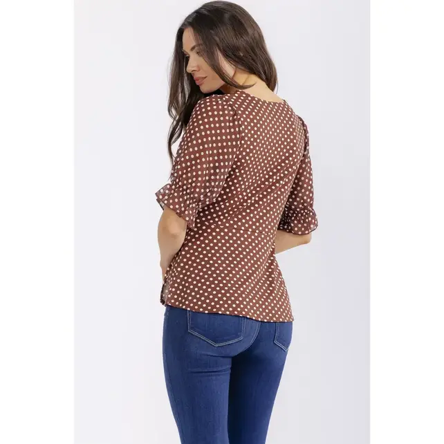 Polka Dot Puff Sleeve Top - Brown Ivory