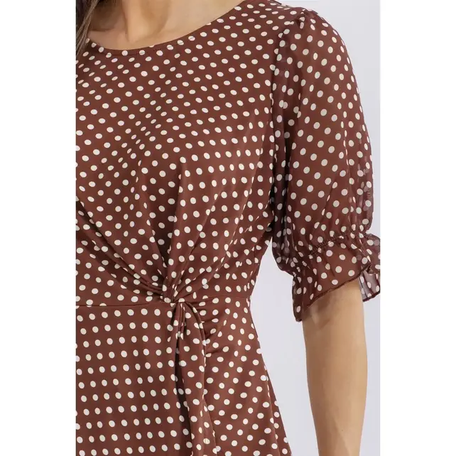 Polka Dot Puff Sleeve Top - Brown Ivory