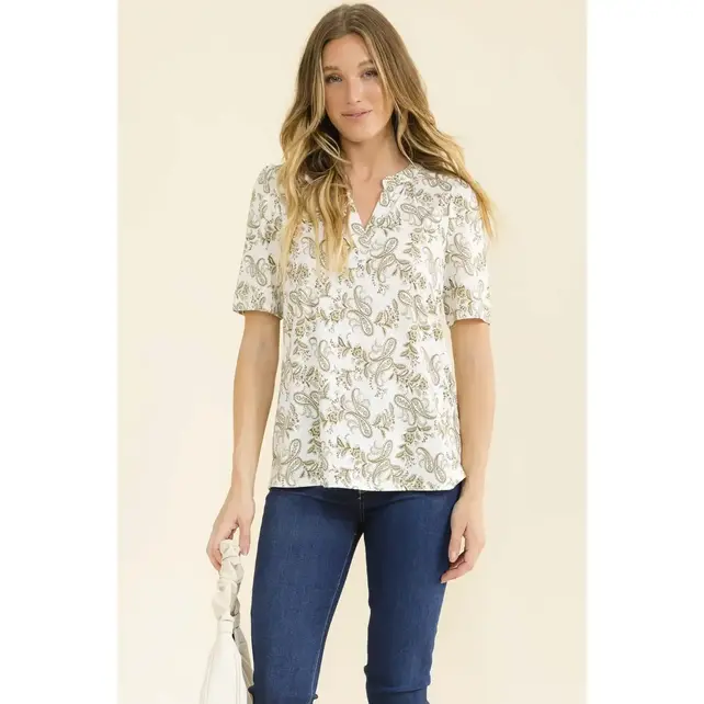 Paisley Print Split Neck Shirt - Ivory Olive