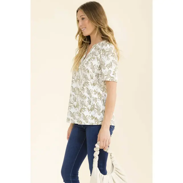 Paisley Print Split Neck Shirt - Ivory Olive