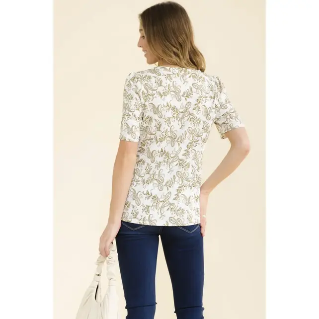 Paisley Print Split Neck Shirt - Ivory Olive
