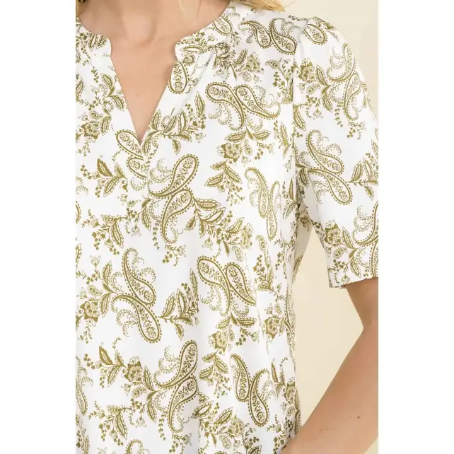 Paisley Print Split Neck Shirt - Ivory Olive
