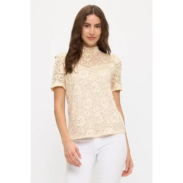 Floral Lace Illusion Mock Neck - Cream Nude