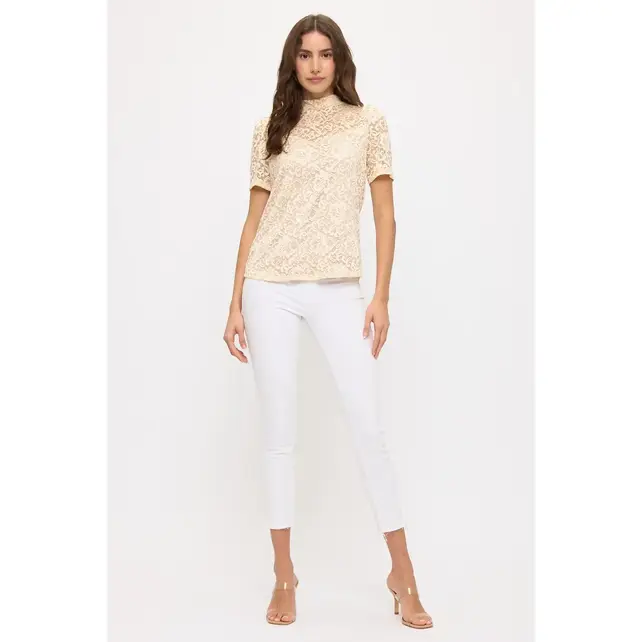 Floral Lace Illusion Mock Neck - Cream Nude
