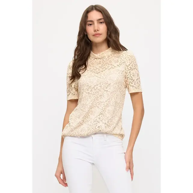 Floral Lace Illusion Mock Neck - Cream Nude