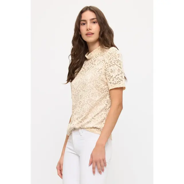Floral Lace Illusion Mock Neck - Cream Nude