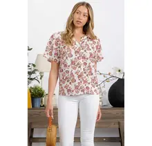 Floral Button Down Shirt - Ivory Red Mustard