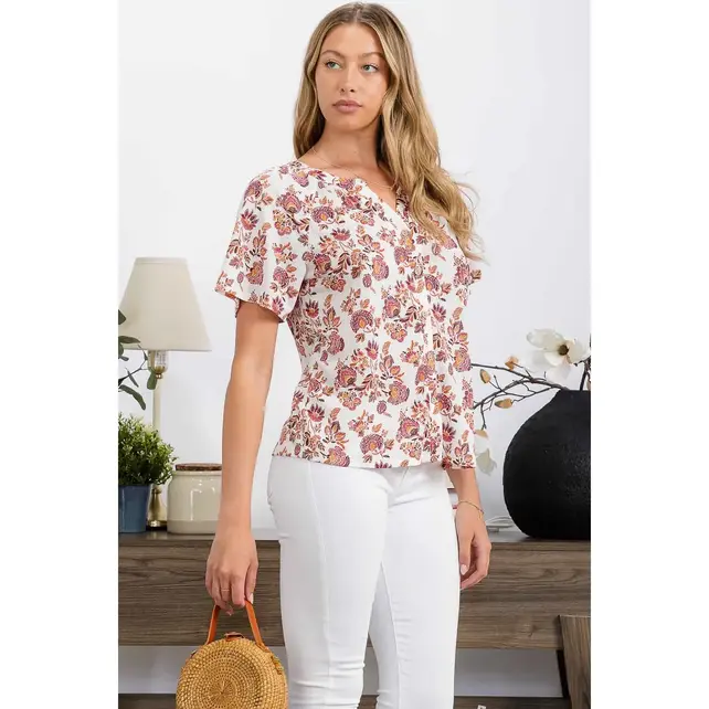 Floral Button Down Shirt - Ivory Red Mustard