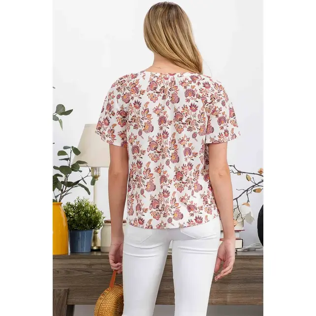 Floral Button Down Shirt - Ivory Red Mustard