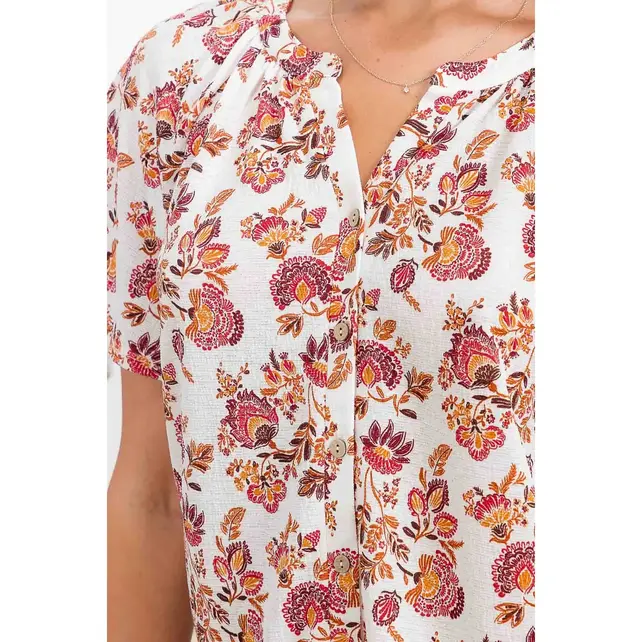 Floral Button Down Shirt - Ivory Red Mustard