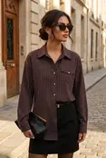 Oversized Striped Shirt with Pocket - Brown
