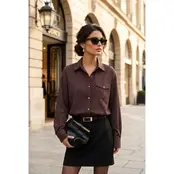 Oversized Striped Shirt with Pocket - Brown