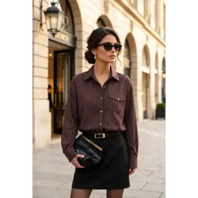 Oversized Striped Shirt with Pocket - Brown
