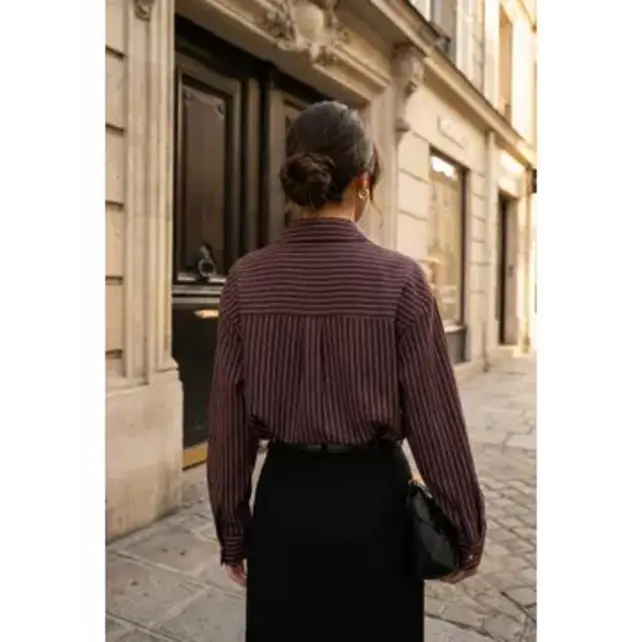 Oversized Striped Shirt with Pocket - Brown
