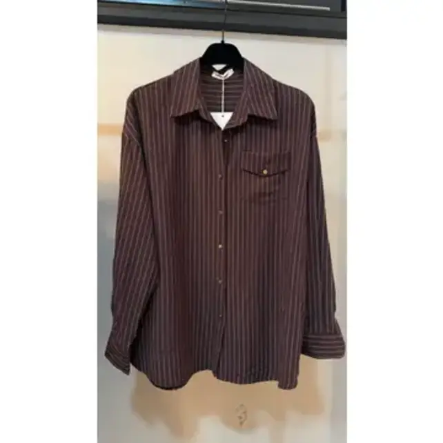 Oversized Striped Shirt with Pocket - Brown