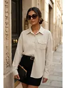 Oversized Striped Shirt with Pocket - Beige