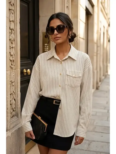 Oversized Striped Shirt with Pocket - Beige