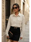 Oversized Striped Shirt with Pocket - Beige