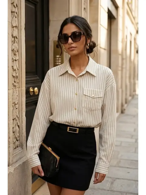 Oversized Striped Shirt with Pocket - Beige