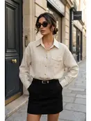 Oversized Striped Shirt with Pocket - Beige