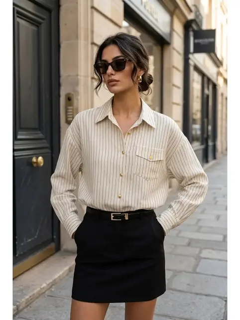 Oversized Striped Shirt with Pocket - Beige