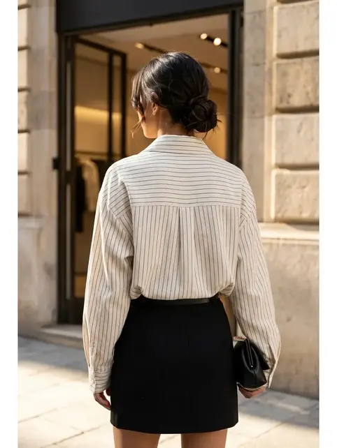 Oversized Striped Shirt with Pocket - Beige