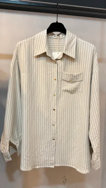 Oversized Striped Shirt with Pocket - Beige