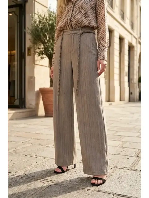 Solanda Striped Pants with Belt - Beige