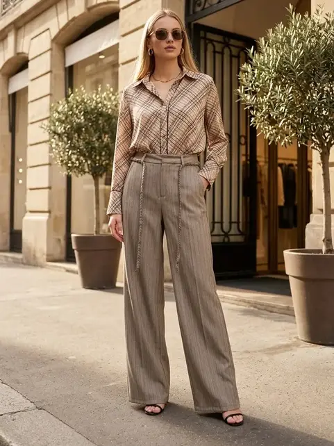 Solanda Striped Pants with Belt - Beige