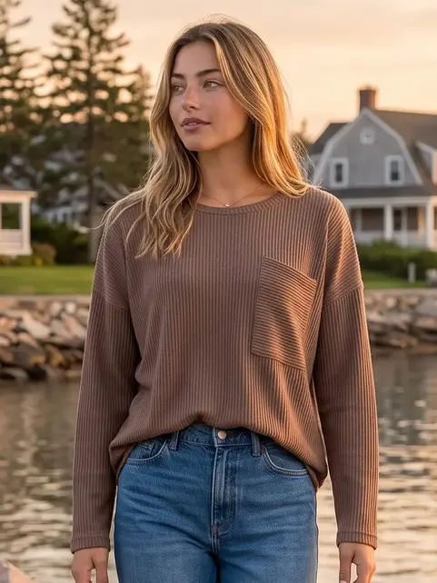 Dayne Curly Ribbed Crew Neck Top - Mocha