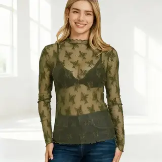 Tyler Lace Sheer Long Sleeve - Dark Olive