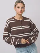 Striped Knit Crewneck Cardigan - Mocha White