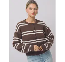 Striped Knit Crewneck Cardigan - Mocha White