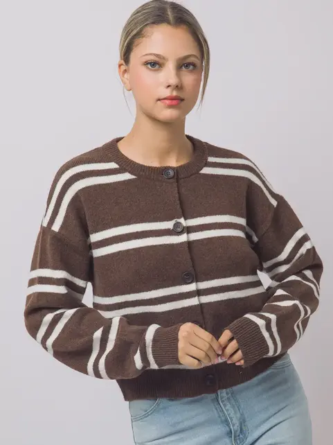 Striped Knit Crewneck Cardigan - Mocha White