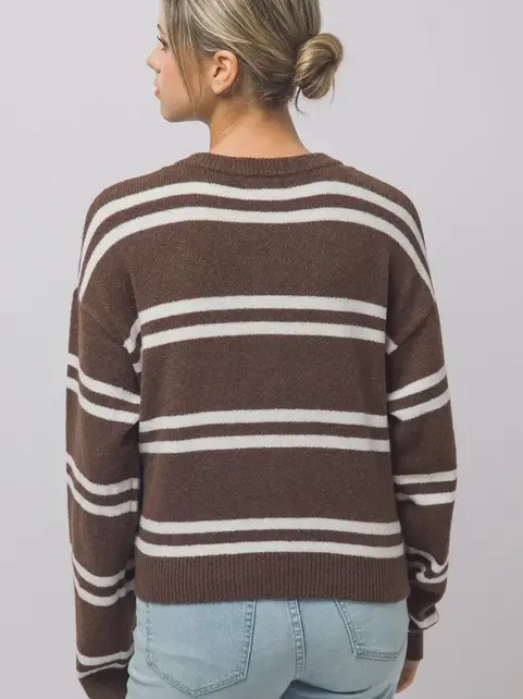 Striped Knit Crewneck Cardigan - Mocha White