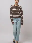 Striped Knit Crewneck Cardigan - Mocha White