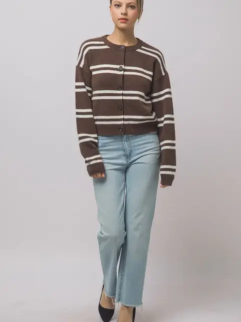 Striped Knit Crewneck Cardigan - Mocha White