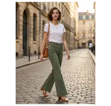 Mid Rise Wide Leg Color Denim Pants - Dk Olive
