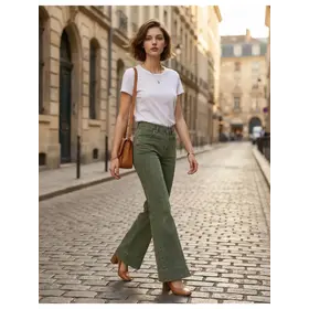 Mid Rise Wide Leg Color Denim Pants - Dk Olive