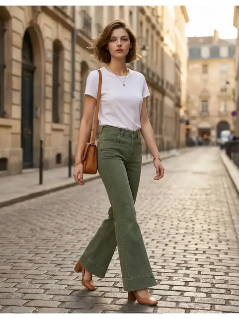 Mid Rise Wide Leg Color Denim Pants - Dk Olive