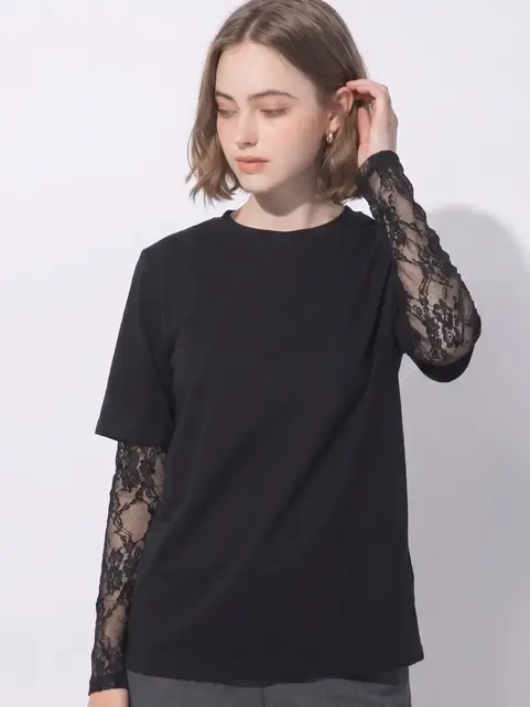 T-Shirt w/ Lace Sleeves - Black
