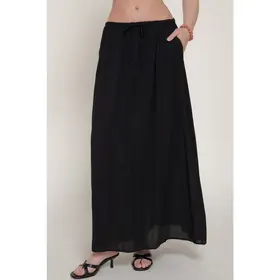 Crinkle Woven Long Skirt w/ Pockets - Black