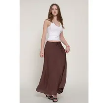 Crinkle Woven Long Skirt w/ Pockets - Mahogany Brown