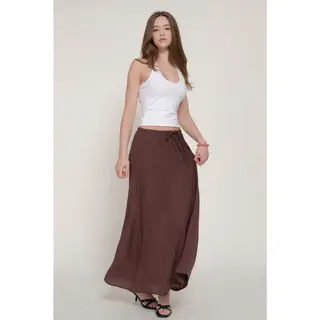 Crinkle Woven Long Skirt w/ Pockets - Mahogany Brown