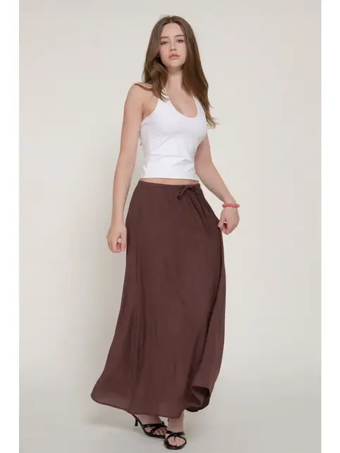 Crinkle Woven Long Skirt w/ Pockets - Mahogany Brown